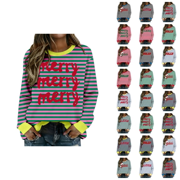 Christmas Striped Sweatshirt for Women 2025 Long Sleeve Crewneck Casual Holiday Graphic Pullover Top