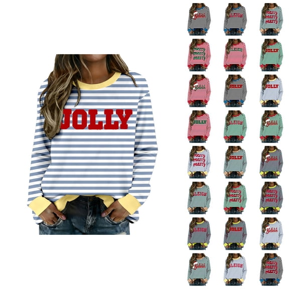 Christmas Striped Sweatshirt for Women 2025 Long Sleeve Crewneck Casual Holiday Graphic Pullover Top