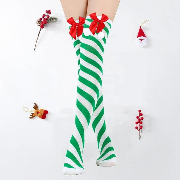 Christmas Striped Thigh High Socks,Women Long Striped Socks Candy Cane High Stockings with Bow for Women and Girls,Cute Long Tube Striped Socks for Party