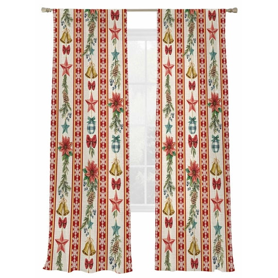 Christmas Stripes Sheer Curtains 96 inches Long, Bell Flower Stars Snowflakes Linen Light Filtering Sheer Window Curtains Rod Pocket Voile Drapes for Bedroom Living Room, 2 Panels 52"W x 96"L