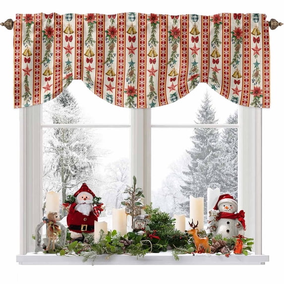 Christmas Stripes Tie Up Valances Curtain, Bell Flower Stars Snowflakes Linen Adjustable Rod Pocket Short Window Treatment Tie Up Curtains Valances for Kitchen Living Room Bathroom 60x18 Inches
