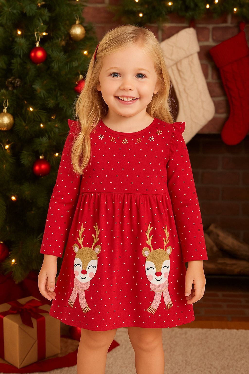 HILEELANG Girls Christmas Dress Long Sleeve Holiday Outfit with Reindeer  Print, Red Ruffle Party Dress for Toddlers & Little Girls 6Years