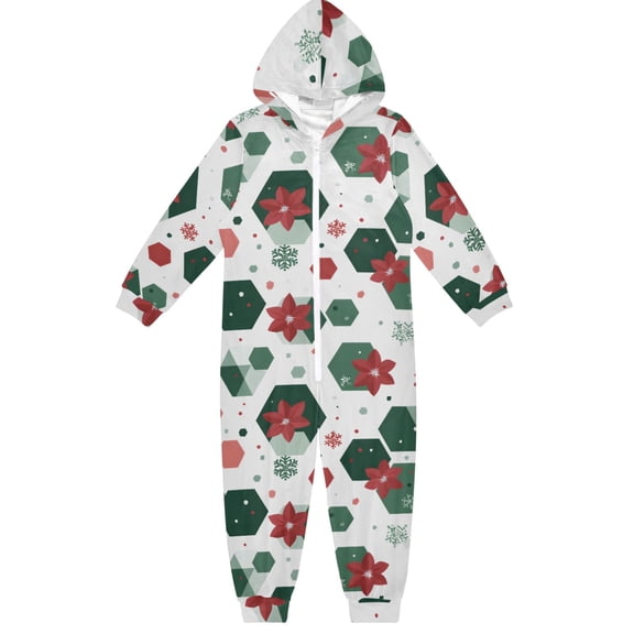 Christmas Style Geometric Red Flower One Piece Pajamas Soft Jumpsuit Cozy Sleep and Play Romper Zipper and Pockets 4T