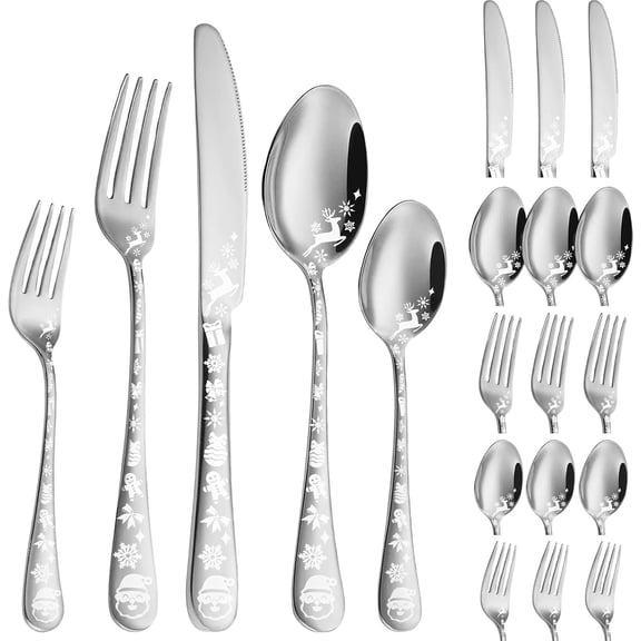 Christmas Style Silverware Set,20  Stainless Steel Flatware Set, Kitchen Utensil Set Service for 4,Tableware Cutlery Set for  and Restaurant,Dishwasher Safe