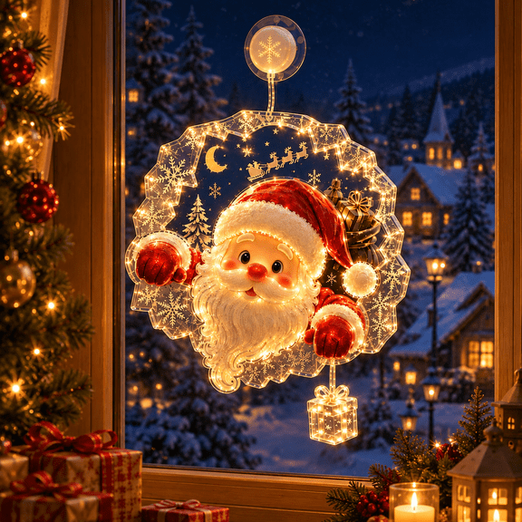 Christmas Suction Cup Window Light Santa Claus Snowflake Plastic Hanging Decor with Warm LED Lighting for Glass Door Window