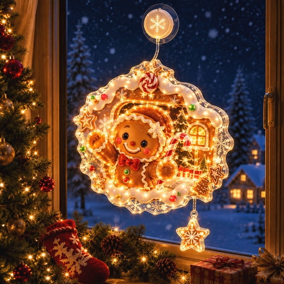 Christmas Suction Cup Window Light with Warm LED Glow, Gingerbread Acrylic Hanging Decoration for Glass Windows, Doors and Holiday Displays, Festive Indoor Seasonal Decor
