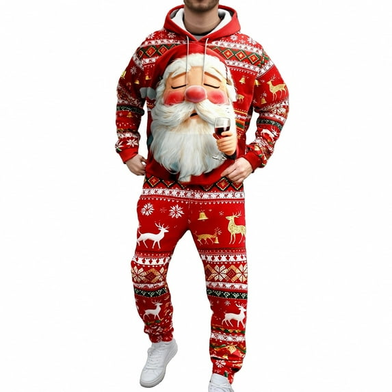 Christmas Suit for Men 2 Pcs Santa Hoodies Tracksuit Xmas Outfit Set Color: Red Size: XL