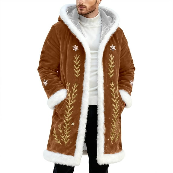 Christmas Suit for Men Christmas Men's Long Cardigan Hoodies Women White Faux Fur Trim Warm Santa Claus Xmas Hooded Coat with Pocket Brown XXXXL