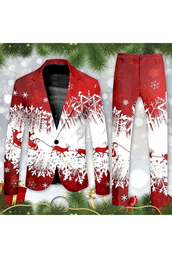 Christmas Suits for Men 2 Piece Casual Funny Xmas Reindeer Printed One Button Jacket and Pant Set Slim Fit Business Office Suits