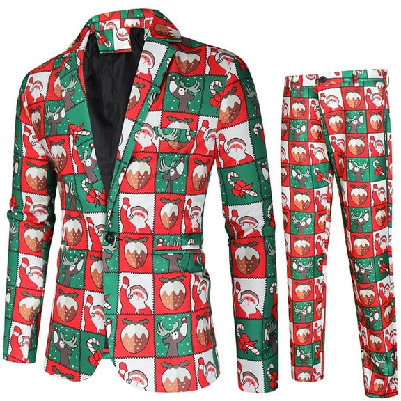 Christmas Suits for Men 2 Piece Funny Xmas Graphic One Button Jacket and Pants Party Tuxedo Suits Holiday Outfits Slim Fit Business Suits
