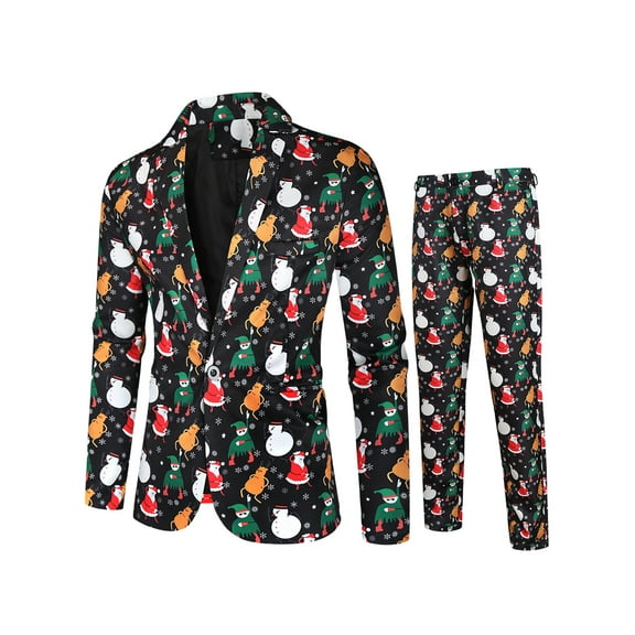 Christmas Suits for Mens, 2PCS Ugly Xmas Santa Claus Snowflake Print Suit Jacket Blazers Party Tuxedo Pants Sets