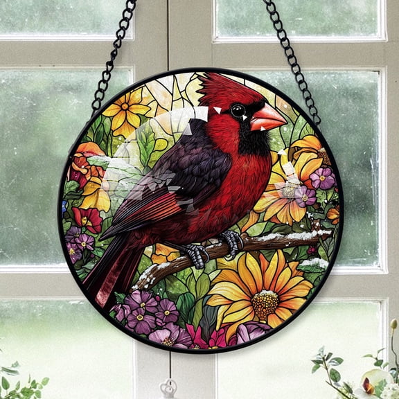 Christmas Suncatchers Cardinal, Black Cardinal Stained Glass Window Hangings, Black Cardinal Decor, Black Cardinal Mini Christmas Ornaments Black-173HD278, Cardinal Stained Glass Art