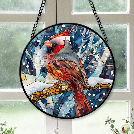 Christmas Suncatchers Cardinal, Gray Cardinal Stained Glass Window Hangings, Gray Cardinal Decor, Gray Cardinal Ceramic Christmas Tree Gray-175HD350, Cardinal Stained Glass Art