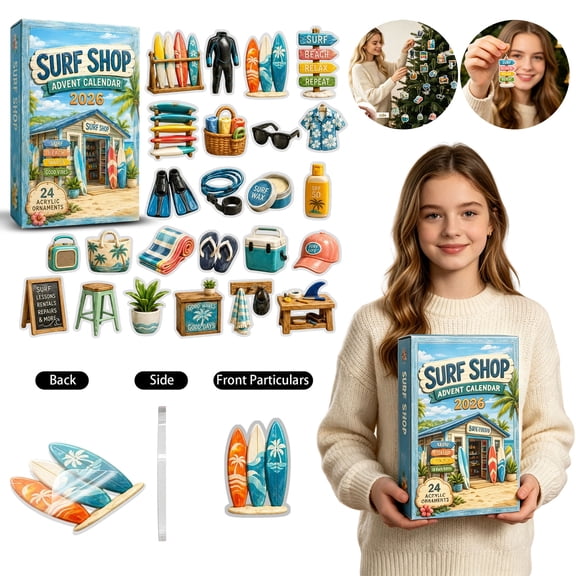 Christmas Surf Shop Advent Calendar, 24-Day Surf Gear Collection, Summer Surf Shack Accent, Beach Party Table Decor, 24PC