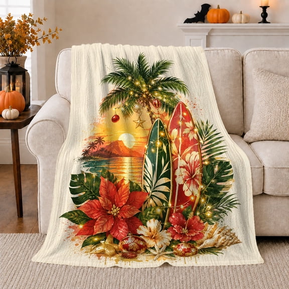 Christmas Surfboards with Palm Tree Lights, Festive Beach Style for Surf Lovers, Sunset Poinsettia Scene and Christmas Gift, Cozy Flannel Blanket for Sofa and Bedroom, Coastal Home Decor