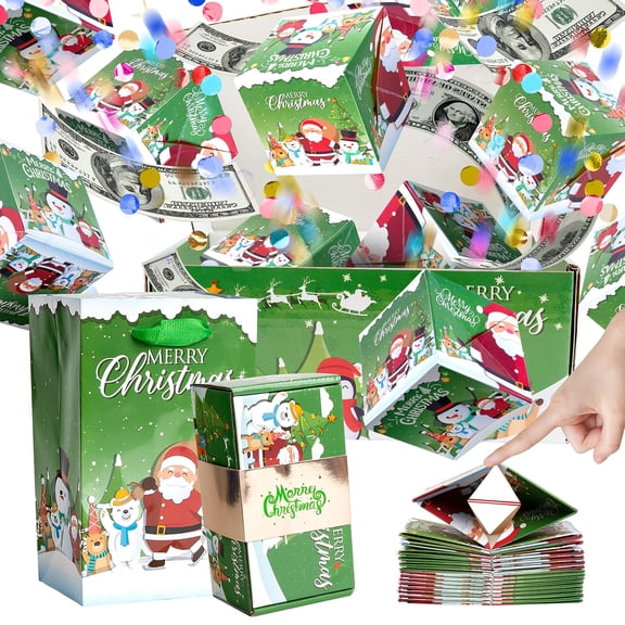 Christmas Surprise Explosion Gift Box for Money, 16 Pack Folding Bouncing Pop Up Cash Boxes with Gift Box and Gift Bag, Watercolor Holiday Gift Set for Christmas, Birthday, Anniversary
