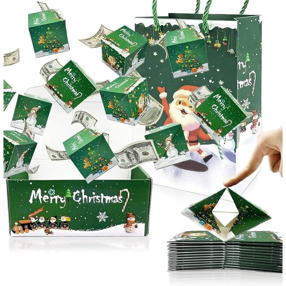Christmas Surprise Gift Box Explosion for Money, Pop Up Money Box for Cash Gifts with 10 Bounce Boxes, Exploding Christmas Gift Box for Birthday Graduation Holiday Surprise, Green