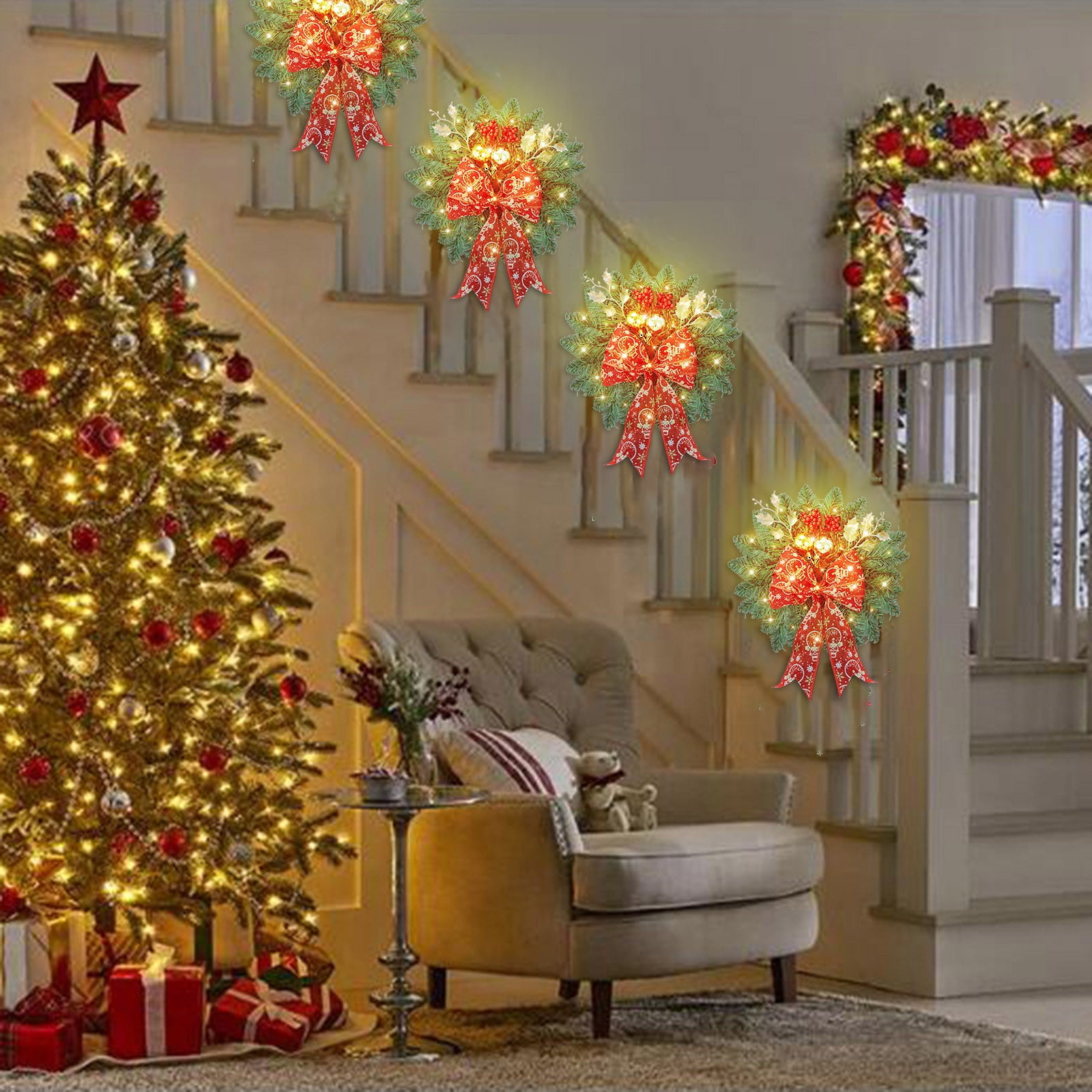 Wraeth Stairs Christmas Swag 13 Inch Christmas Teardrop Swag Xmas Cordless Prelit ...