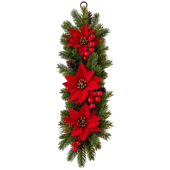 Christmas Swag, Artificial Christmas Teardrop with Red Poinsettia Flower Pinecones Berries,Faux Pine Needles Teardrop Swag,Xmas Wall Indoor Outdoor Home Hanging Decor,Teardrop Wreath