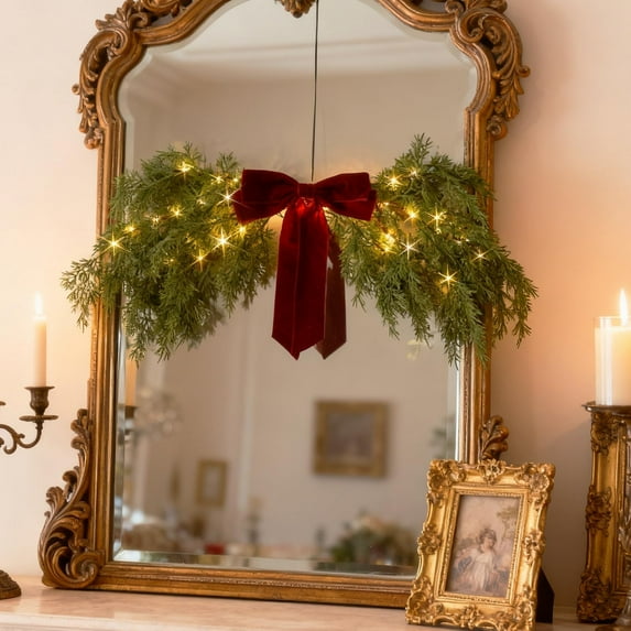 Christmas Swag Battery Operated with Timer, Cedar Pine Swag Lights 32IN LED Fairy Lights with Red Bow for Home Fireplace Wall Window Door Christmas Decoration Indoor Outdoor (AA battery)