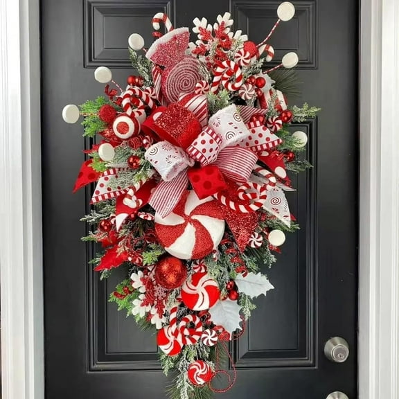 Christmas Swag Candy Cane Wreath, 21 Inch Teardrop Christmas Wreath with Bow, Ornament Balls Candy Cane Winter Teardrop Door Swag Xmas Decorations for Front Door, Porch, Indoor, Outdoor