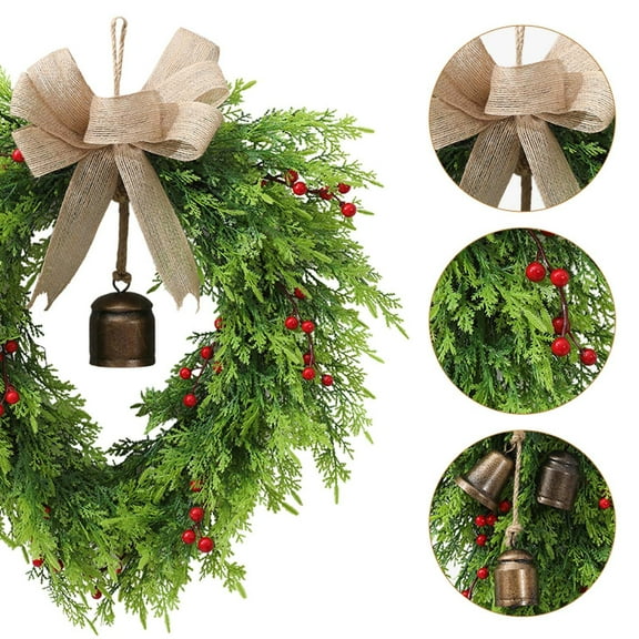 Christmas Swag Christmas Garland, 24 inch green Jingle Bell & Pine Linen Lattice Bow Red Berries Front Door/Courtyard Hanging, Holiday Welcome