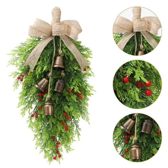 Christmas Swag Christmas Garland, 24 inch green Jingle Bell & Pine Linen Lattice Bow Red Berries Front Door/Courtyard Hanging, Holiday Welcome