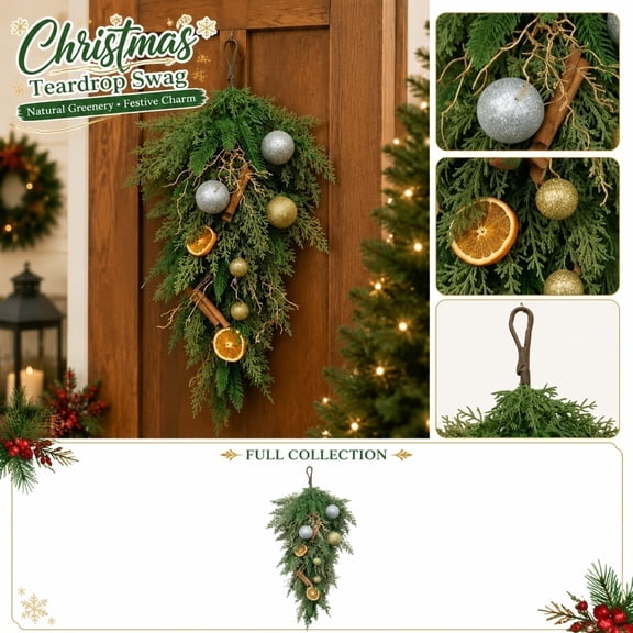 Christmas Swag, Christmas Swag 27.6in Faux Cedar With Dried Orange Slices Cinnamon Sticks And Glitter Balls, Rustic Farmhouse Door Hanging For Porch Entryway Or Stair Rail Decor A