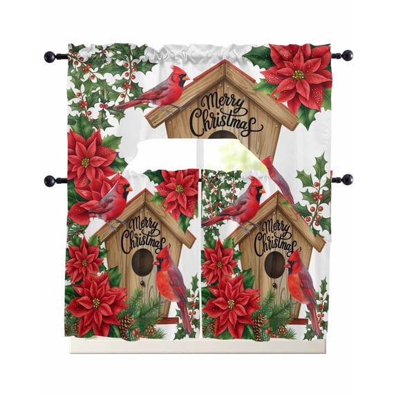 Christmas Swag Curtains for Living Room/Bedroom Windows, Red Cardinal Poinsettia Hut Berry Pine Needles Kitchen Curtains and Valances Set 36 Inch Length, Light Filtering Swags Valance Curtain Panels