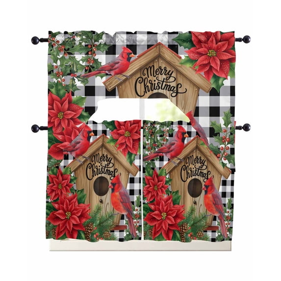 Christmas Swag Kitchen Curtains Sets for Windows 24 Inch Length, Red Cardinal Bird Poinsettia Pine Needles Plaid Short Window Curtain Panels Swags Valances and Tiers 3 Piece Set for Cafe/Dining Room