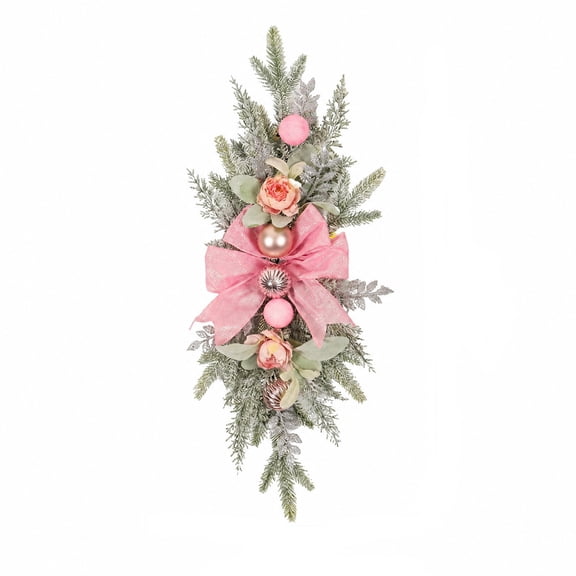 Christmas Swag Pink Bow Embellished Flocked Pine Mantel Swag with Artificial Peony Flowers for Wall Door Stair Rail Pink Christmas Decor Holiday Home Accent