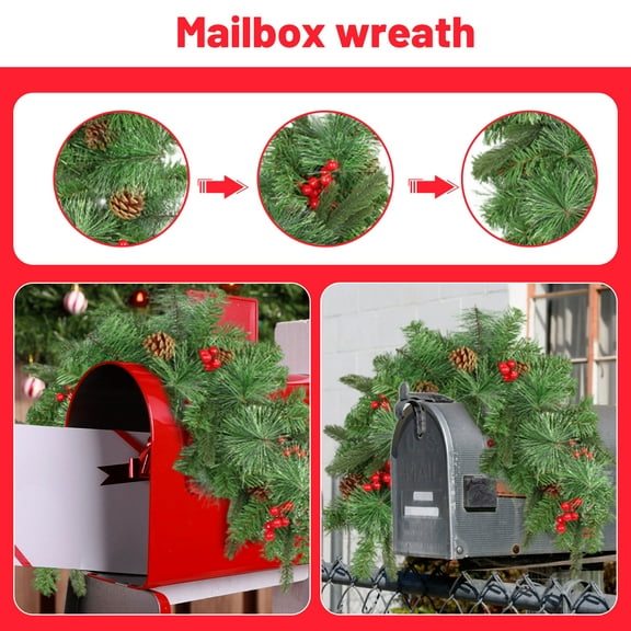 Christmas Swag, Pre-Lit Christmas Mailbox Swag with Pine Cone ＆ Red Berries, Artificial Timed Christmas Garland with Lights for Holiday Home Decor Mailbox Swag