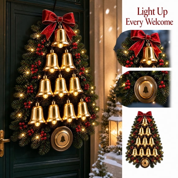 Christmas Swag Red Bow Bells Faux Pine Winter Decor with LED Lights | Front Door Window Wall, Teardrop Wreath Farmhouse Style, Artificial Branches Gold Bells, Tree Shape Holiday Decoration Design