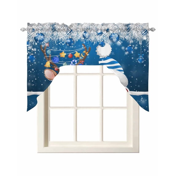 Christmas Swag Valances for Windows, Curtains Drapes, Cute Santa Claus Reindeer Xmas Balls Snowy Navy Blue Kitchen Window Curtains Over Sink Window Treatment Valance for Bedroom/Bathroom 56"x36"