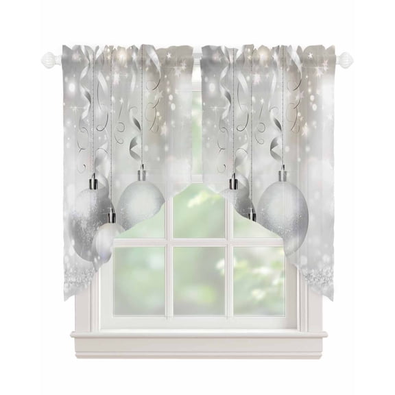 Christmas Swag Valances for Windows, Xmas Silver Balls Glitter Sparkle Stars Rod Pocket Sheer Valances for Small Windows, Swag Toppers Light Filtering for Kitchen Living Room 2 Panels 36''x36''