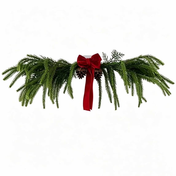 Christmas Swag with Red Bow, Pinecones and Bells, 19.7 Inch Artificial Greenery Hanging Door Decor for Mantel, Mirror, Window