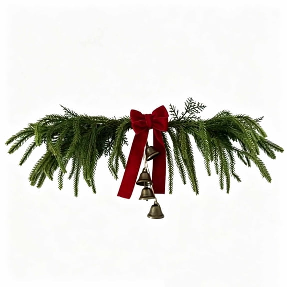 Christmas Swag with Red Bow, Pinecones and Bells, 19.7 Inch Artificial Greenery Hanging Door Decor for Mantel, Mirror, Window