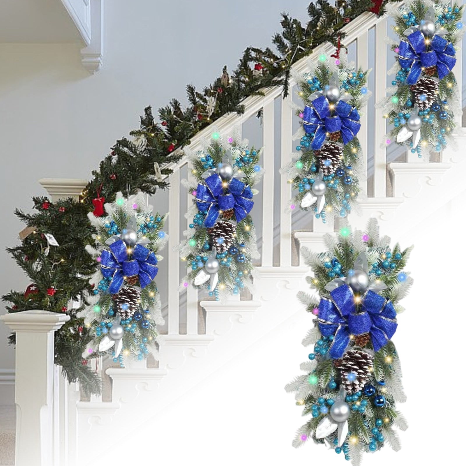Prelit Christmas Swag 11.7 Inch, Cordless LED Teardrop Swags with Balls