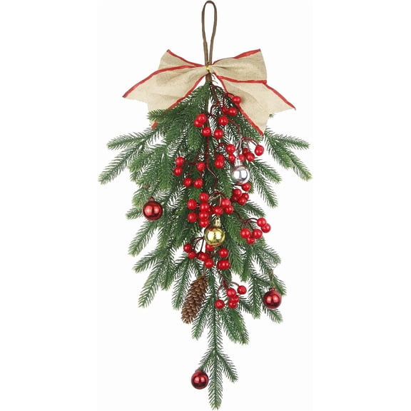 Christmas Swags for Front Door Xmas Teardrop Floral Swag Wreaths with Red Berries Bow and Christmas Balls Hanging Winter Artificial Garland Swags for Door Window Mantle Fireplace Wall Decor
