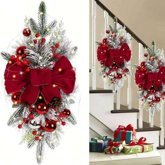 Christmas Swags & Garlands with Lights Cordless Stairway Prelit Stair Swag Christmas Lighted Garland Ornament Outdoor Door Hanging