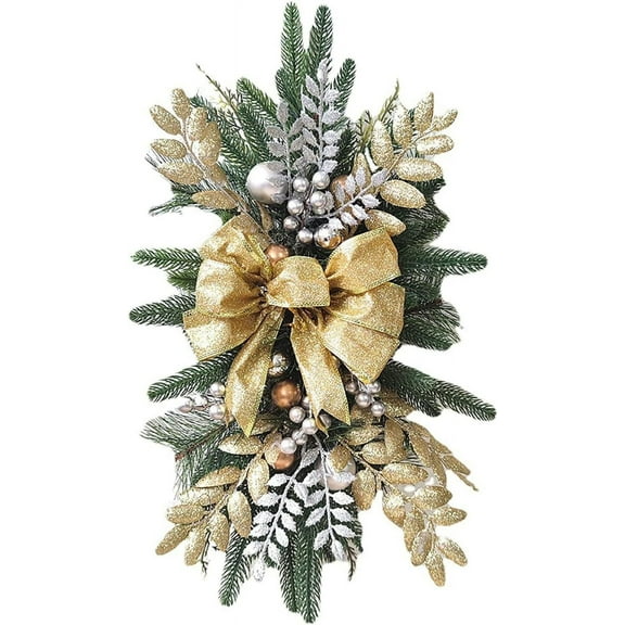 Christmas Swags with Lights, 18" Artificial Xmas Staircase Swag Wreath, Christmas Teardrop Swag with LED, Stair Swag Door Swag Garlands for Front Door Wall Window Stair Home Decor