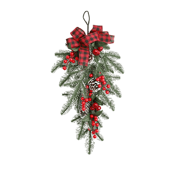 Christmas Swags for Outdoor Decorating, Winter Teardrop Swag with Pine Cones Red Bow Berry Ornament, Artificial Christmas Pine Branch Garland for Front Door Indoor Outdoor Wall Hanging Decor
