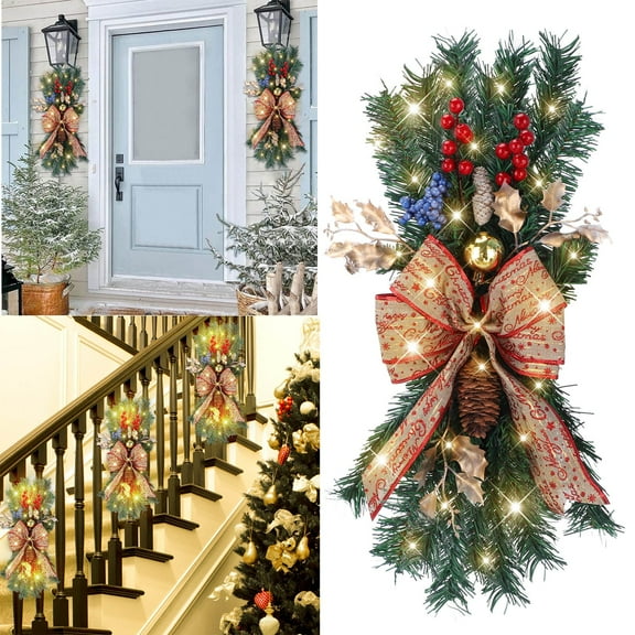 Christmas Swags Teardrop Prelit Cordless with LED Lights Ideal for Door Stairway Home Decor Festive Christmas Garland Swag Decoration - 17.71inch