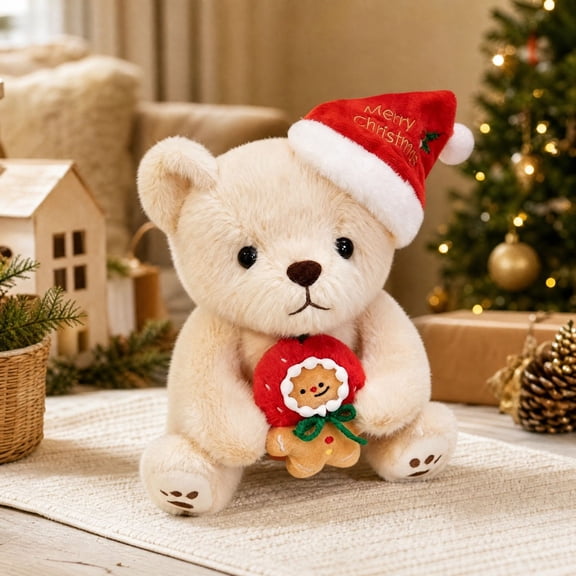 Christmas Sweater Bear Stuffed Animal, 7" Plush Teddy Bear with Santa Hat, Soft Knit Polyester Christmas Gift Toy, Holiday Home Decor