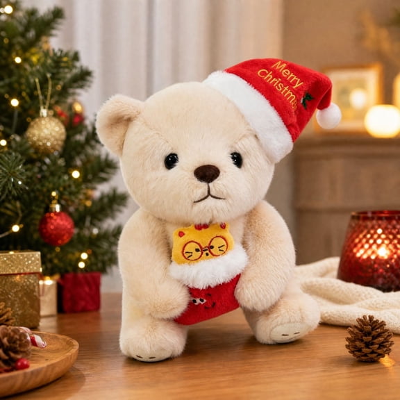 Christmas Sweater Bear Stuffed Animal, 7" Plush Teddy Bear with Santa Hat, Soft Knit Polyester Christmas Gift Toy, Holiday Home Decor