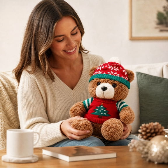 Christmas Sweater Bear Stuffed Animal, Knit Santa Hat Bear Plush Toy for Holiday Decoration Gift(A)