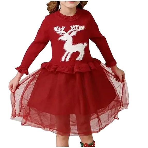 Christmas Sweater Dress Girls Knit Long Sleeve Tulle Dress Reindeer Ruffle Hem Elegant Fall Winter Casual Outfits, Red, 3 Years