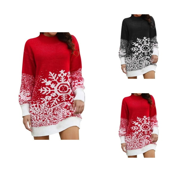 Christmas Sweater Dress for Women 2025 Lattern Sleeve Crewneck Snowflake Xmas Knitted Pullover Sweater Jumper Tops