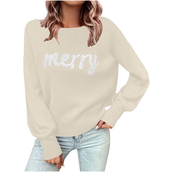 Christmas Sweater For Women Crew Neck Merry Print Knitted Xmas Pullover Casual Loose Festival Holiday Outfits (XL, Beige)