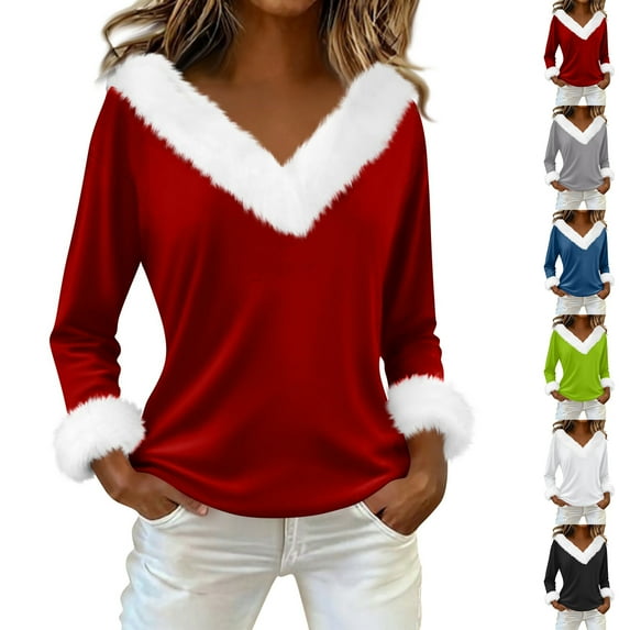 Christmas Sweater Fur Trim Top for Women, Xmas V Neck Faux Fur Trim Tops Casual Loose Long Sleeve Womens Christmas Outfit Blue XL